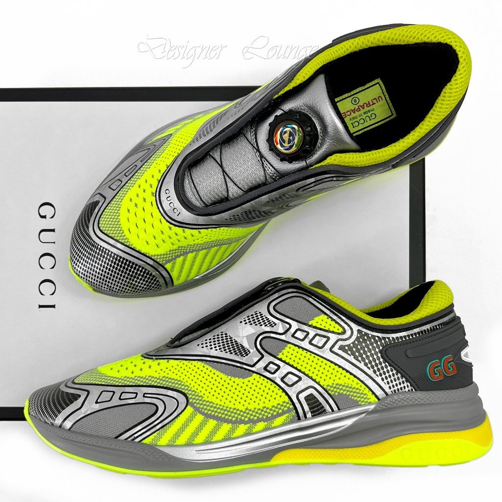 NEW GUCCI Ultrapace R GG Logo Men's Sneakers Yellow Grey 8 G / US 8.5 Authentic